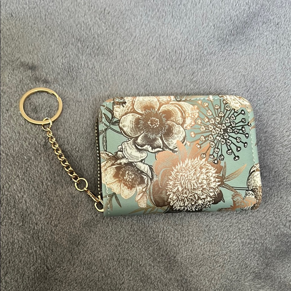 Floral Zip Card Wallet with Keychain - Mint Floral